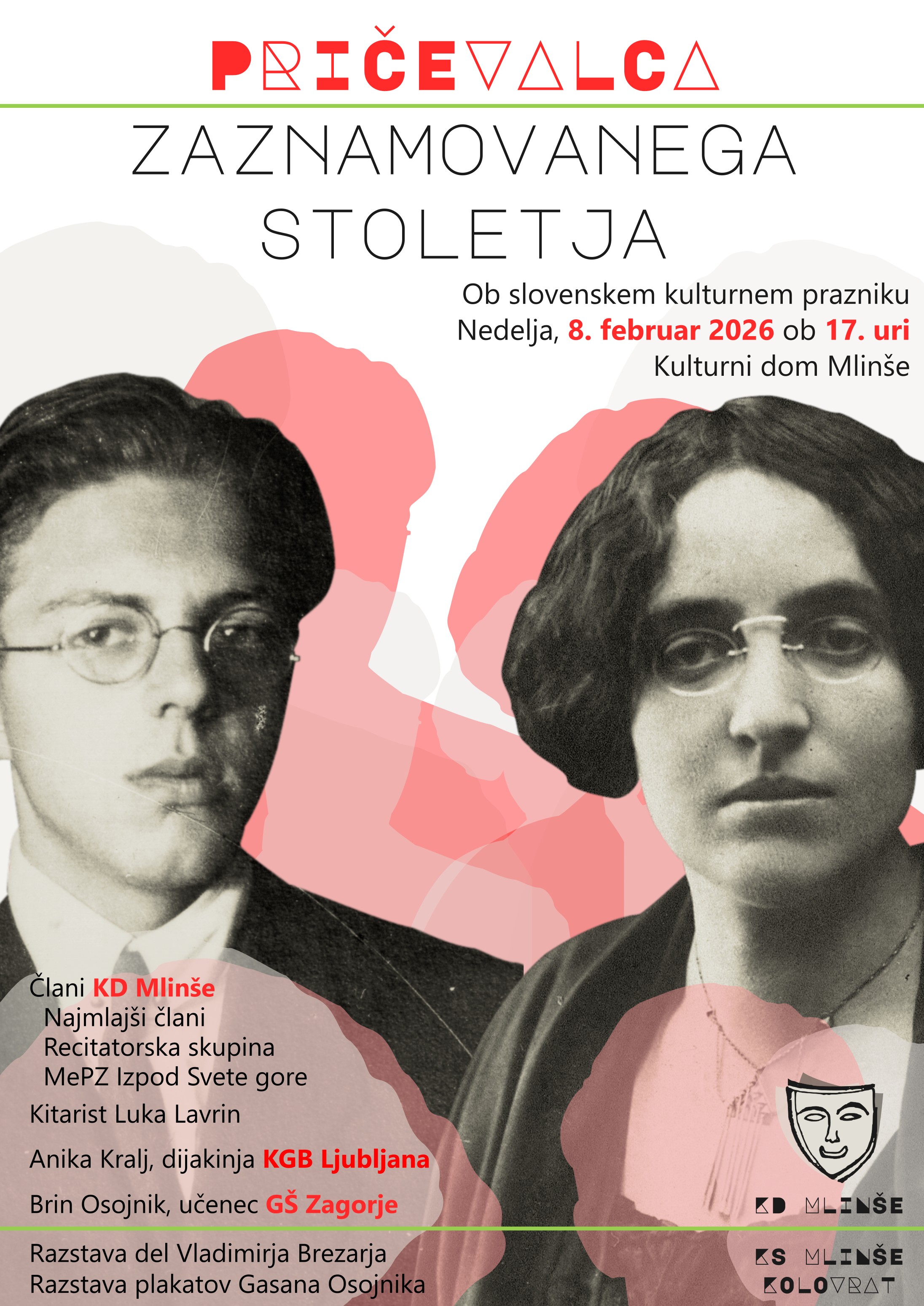 Vabilo na prireditev KD Mlin&scaron;e ob slovenskem kulturnem prazniku. 